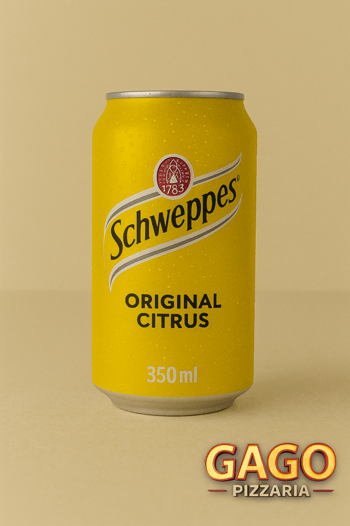 Lata de Schweppes 350 ml gelada servida na Gago Pizzaria em Osasco SP